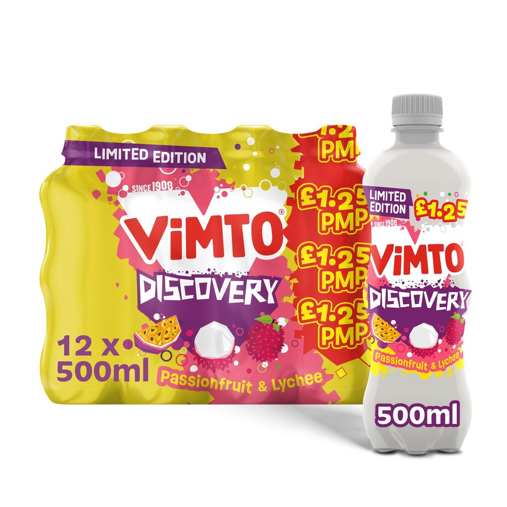 Vimto Discoveries Limited Edition Juicy Passionfruit & Lychee Fruit Sparkling Drink, 500ml, case of 12pk
