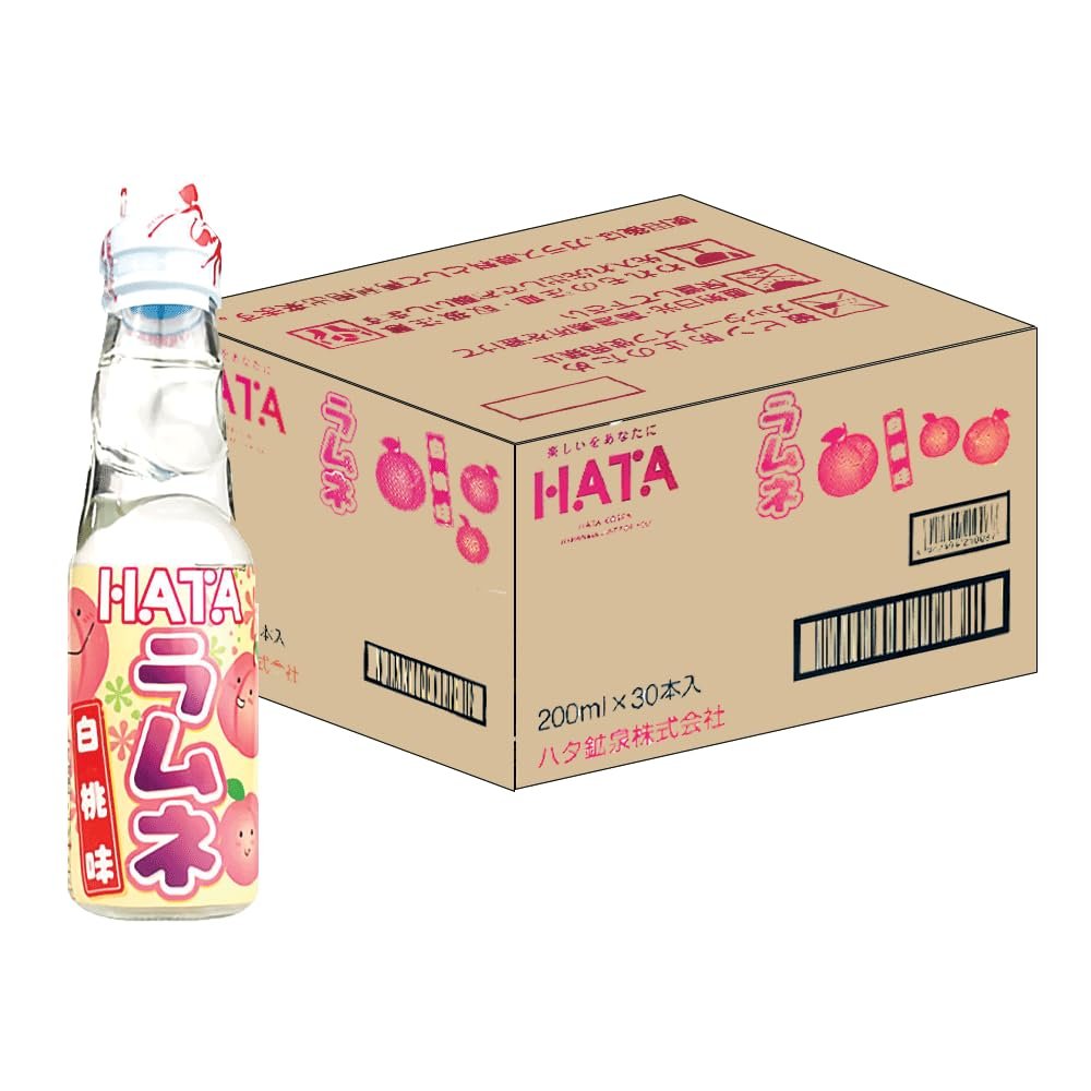 Hatakosen Ramune Soda Japanese Fruity Flavoured Soda Carbonated Bottled Drinks 200ml (Box of 30, White Peach)