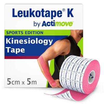 Leukotape K by Actimove Sports Edition Kinesiology Tape for Muscle Support and Pain Relief, 5cm x 5m, Pink, 1 Roll