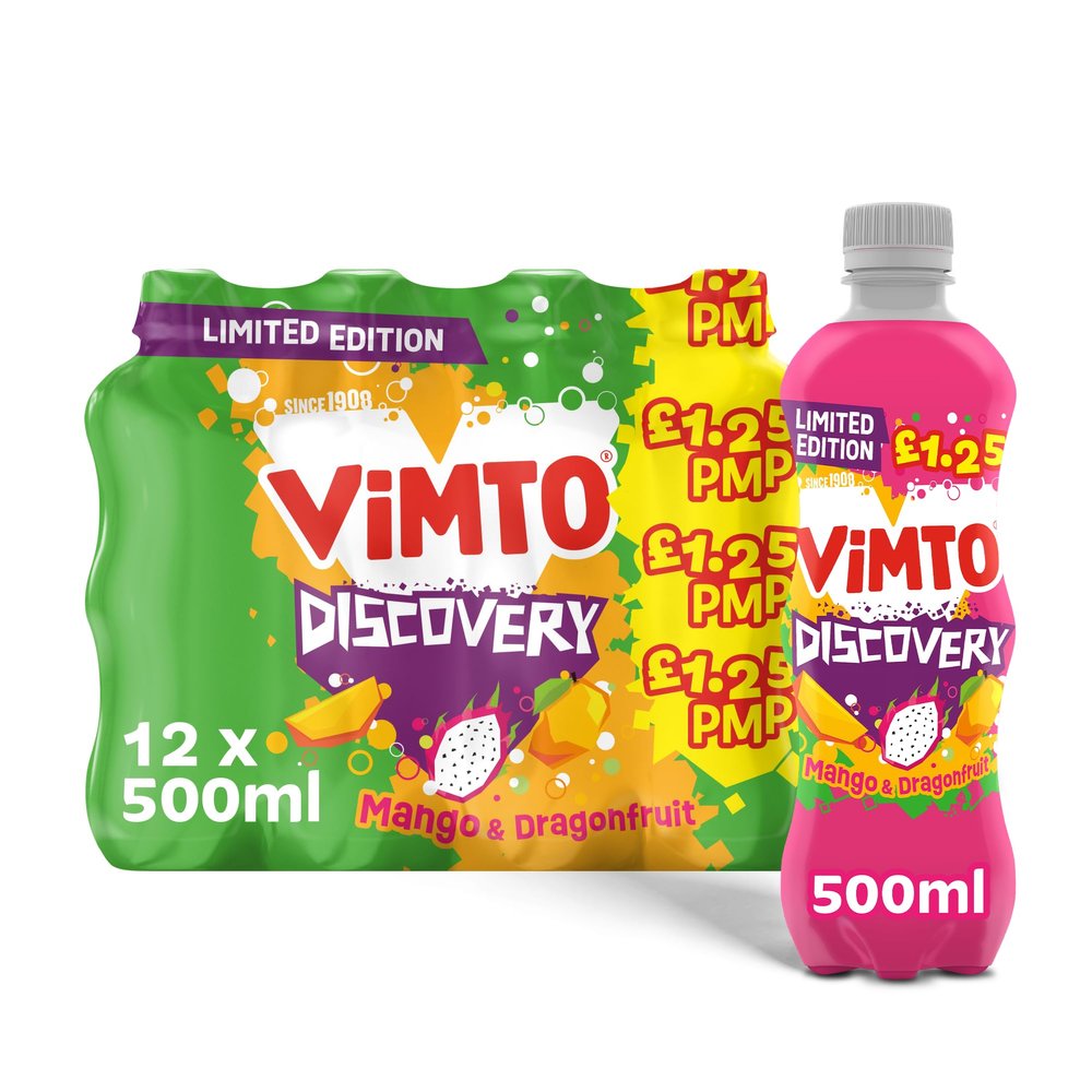 Vimto Discoveries Mango & Dragonfruit Juice 500ml Fruit Flavoured No Added Sugar Sparkling Drink 12pk