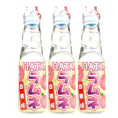 Hatakosen Ramune Soda Japanese Fruity Flavoured Soda Carbonated Bottled Drinks 200ml (Pack of 3, White Peach)