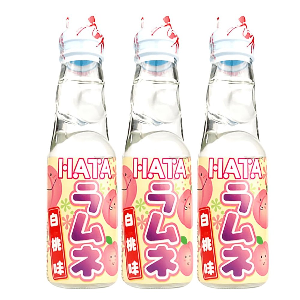 Hatakosen Ramune Soda Japanese Fruity Flavoured Soda Carbonated Bottled Drinks 200ml (Pack of 3, White Peach)