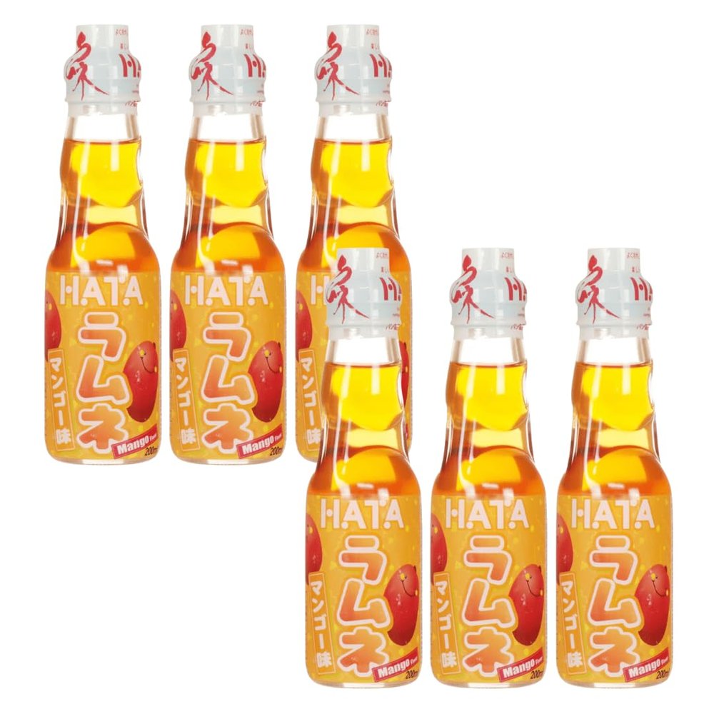 Hatakosen Ramune Soda Japanese Fruity Flavoured Soda Carbonated Bottled Drinks 200ml (Pack of 6, Mango)