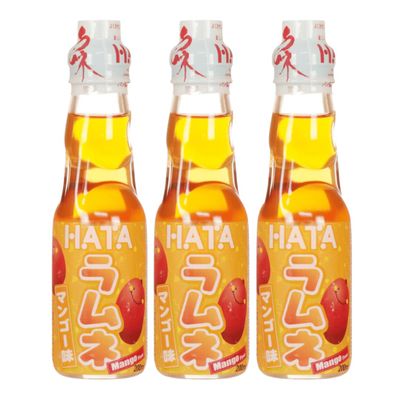Hatakosen Ramune Soda Japanese Fruity Flavoured Soda Carbonated Bottled Drinks 200ml (Pack of 3, Mango)
