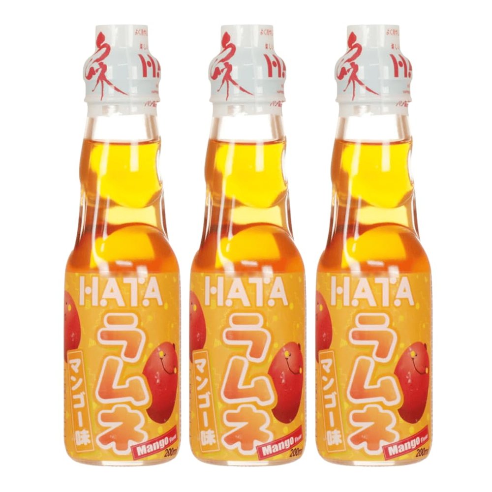 Hatakosen Ramune Soda Japanese Fruity Flavoured Soda Carbonated Bottled Drinks 200ml (Pack of 3, Mango)