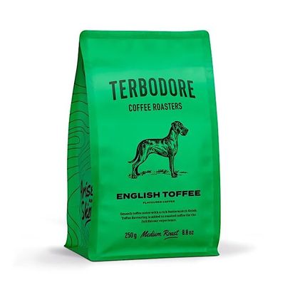 Terbodore | English Toffee Ground Coffee | 250g Bag | Delicious Toffee Flavour | Subtle Butterscotch Aroma | Premium Grade | Filter | Medium Roast | Home or Cafe | Ground Toffee Coffee