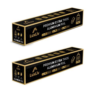 100m - 2 x LuxLiv  50m Premium Heavy Duty 20 Micron Thick Kitchen Foil Catering Aluminium Tin Foil Roll - 30cm Wide