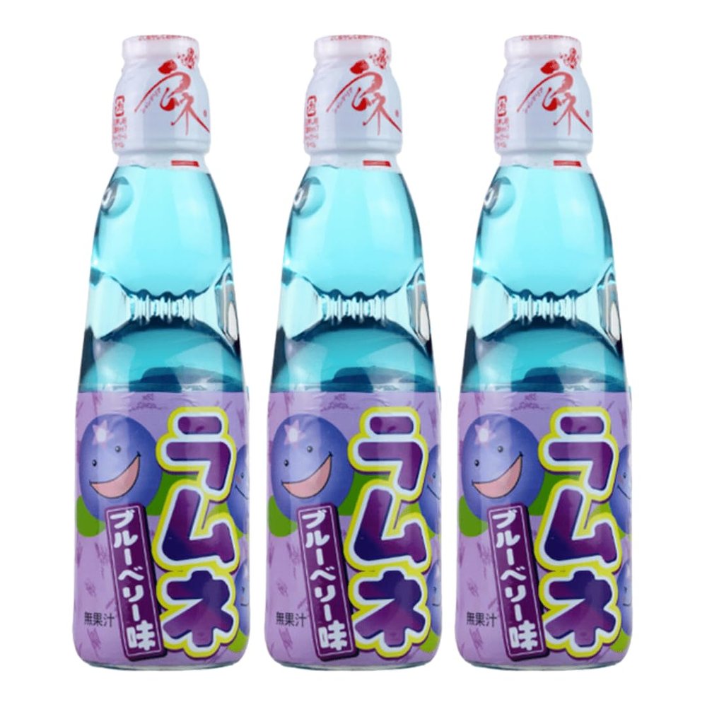 Hatakosen Ramune Soda Japanese Fruity Flavoured Soda Carbonated Bottled Drinks 200ml (Pack of 3, Blueberry)
