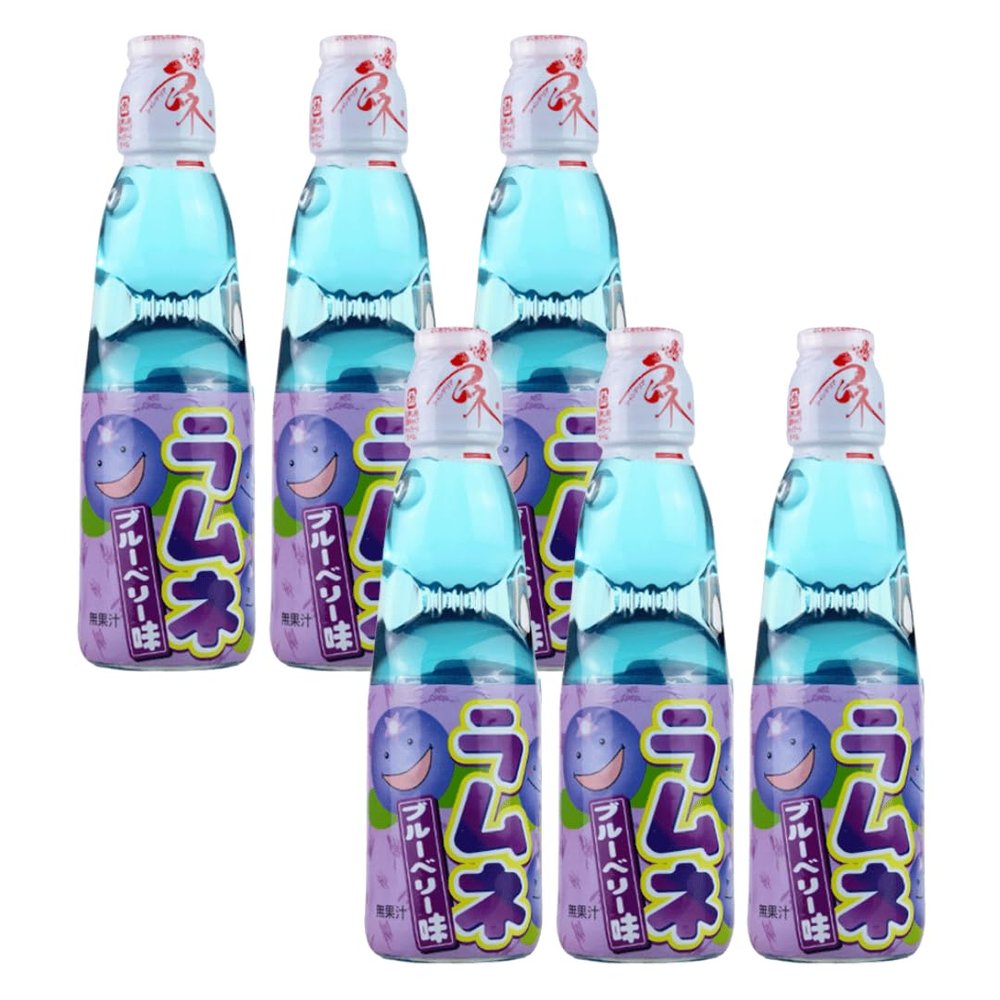 Hatakosen Ramune Soda Japanese Fruity Flavoured Soda Carbonated Bottled Drinks 200ml (Pack of 6, Blueberry)