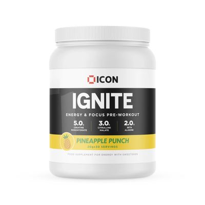 ICON Nutrition Ignite Pre-Workout - Pineapple Punch Flavour - 600g (30 Servings), Energy Formula for Maximum Performance, Focus & Endurance, Ideal for Gym, Workout Training (Scoop Included)