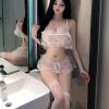 cxbyjyg Sexy see-through mesh halter underwear Lace bow open sexy no-slip underwear set White view 3