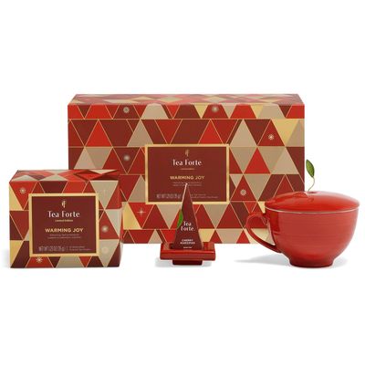 Tea Forte Warming Joy Holiday 3-Piece Mother's Day Tea Gift Set with Red Cafe Cup with Lid, Tea Tray and 10 Assorted 2 of Each Variety Handcrafted Pyramid Infuser Tea Bags