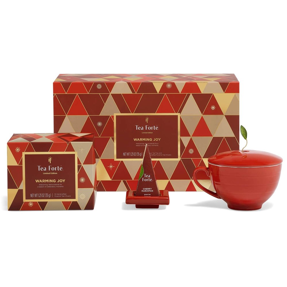 Tea Forte Warming Joy Holiday 3-Piece Mother's Day Tea Gift Set with Red Cafe Cup with Lid, Tea Tray and 10 Assorted 2 of Each Variety Handcrafted Pyramid Infuser Tea Bags