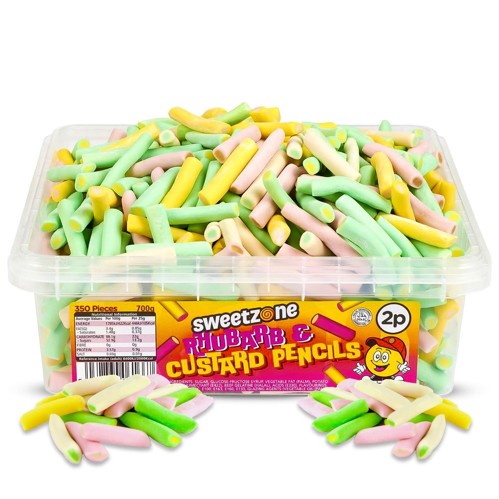 Sweetzone Rhubarb and Custard Pencils 700g, 350pcs Retro Sweets, Rhubarb and Custard Sweets, Sugar Sticks, Sweet Box, Sweet Tub, Rhubarb and Custard, Box of Candy, Candy Pencils, Sweeties for Kids