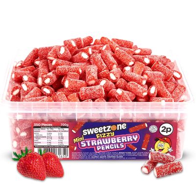 Sweetzone Mini Fizzy Strawberry Pencils, Retro Sweets Tub, Candy Sticks, 350 pc, 700g, Halal Sweets, Sweet Bulk, Sweet Cart, Gummy Candies, American Candy, UK British Candies