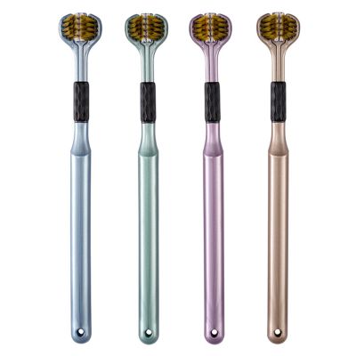 3 Sided Toothbrush | 4-Pack Soft Bristle Toothbrush | Manual Sensory Brush with Tongue Scraper | Comprehensive Cleaning Three Bristle Travel Toothbrush for Adults & Kids