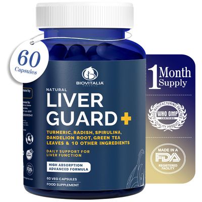 Biovitalia Liver Guard+ Capsules  High Potency Turmeric & Dandelion Root Herbal Supplement  Vegan Liver Support Formula with Flavonoids  60 Capsules  Non-GMO & Gluten Free