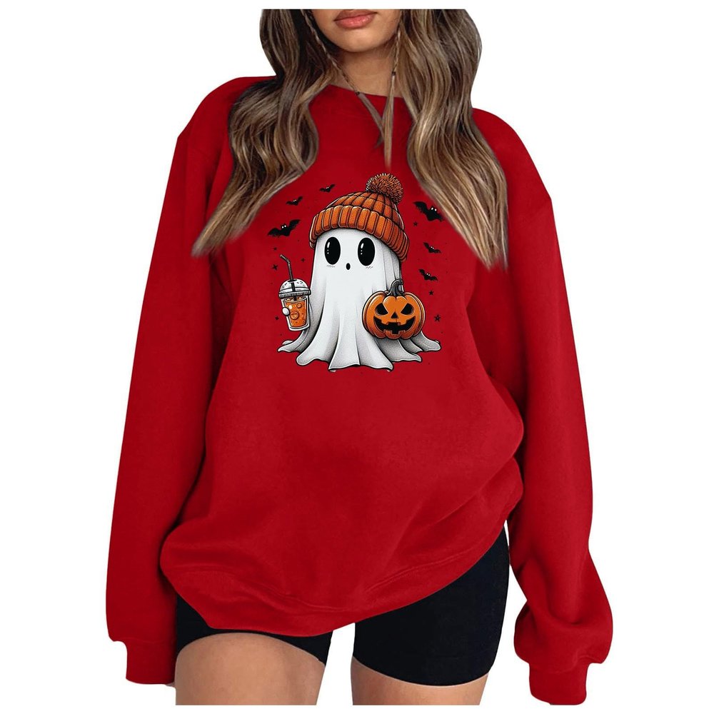WILLBEST oversized halloween sweatshirt women crew neck tees crewneck tunic shirts cute black crew neck tshirt pumpkin letter tops autumn halloween costumes for women costume