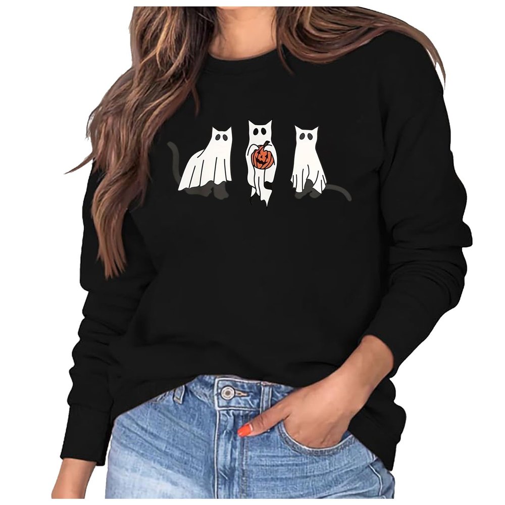 WILLBEST halloween t shirts for women oversized party tshirt pullover tops autumn clothes 2024 holiday skeleton party ghost pumpkin skeleton crew neck casual halloween sweaters for women
