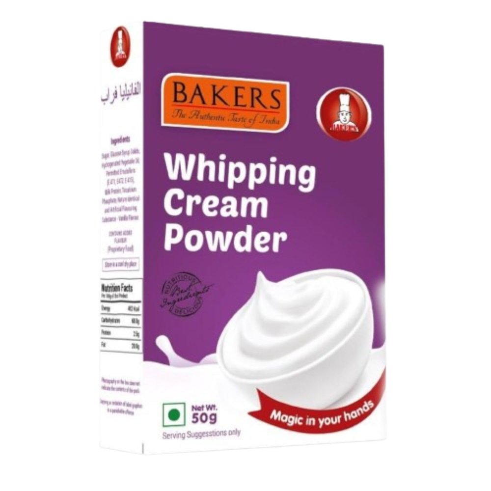 BAKERS Whipping Cream Vanilla Flavour Powder, Instant Premix No Sugar Needed, Smooth for Cakes, Muffins, Cup Cakes, Tarts, Coffee - 50g (Pack Of 1)