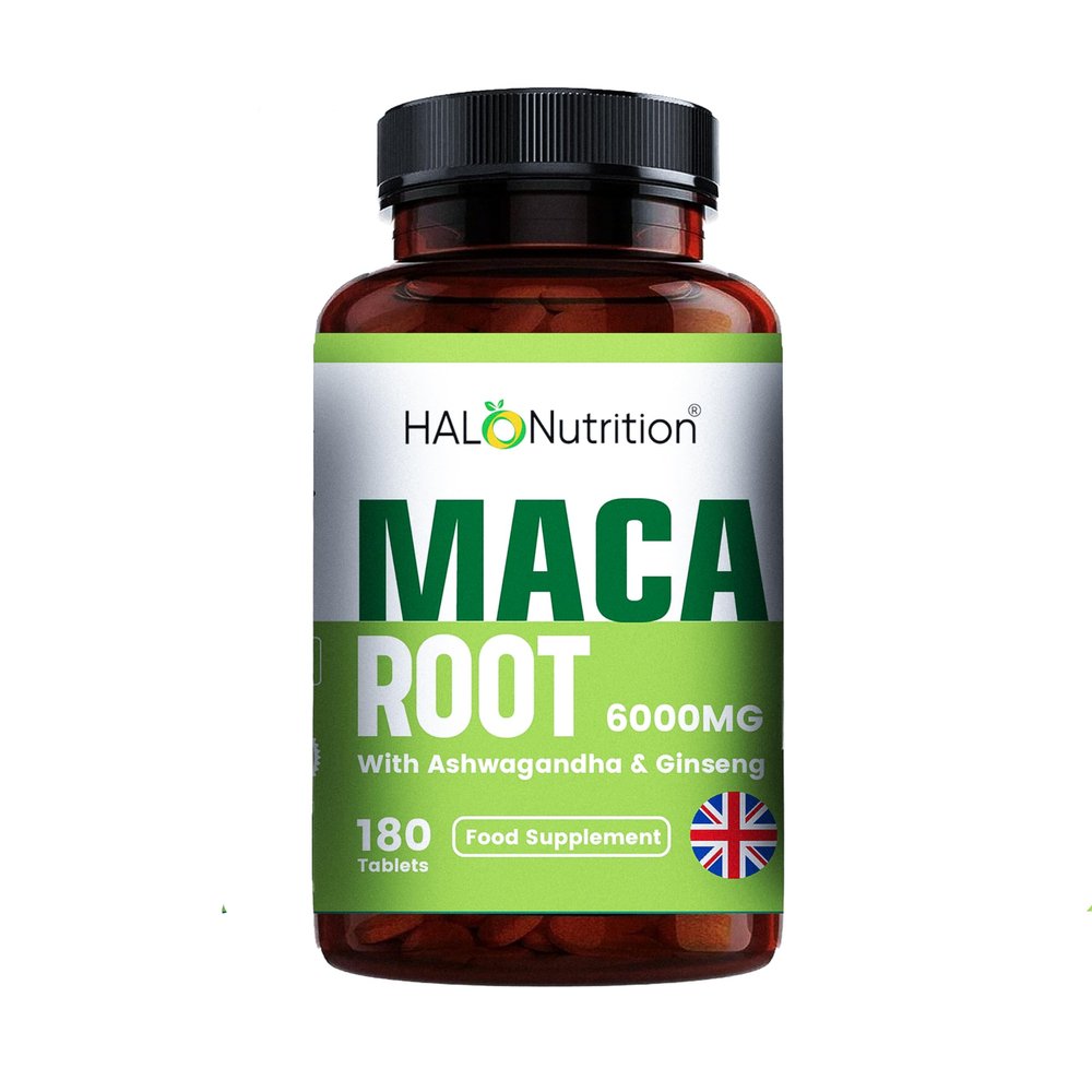 HALO Nutrition Maca Root Tabelts with Ashwagandha and Ginseng -180 High Strength 6000mg Maca Root + Ashwagandha+ Ginseng & Black Pepper Tablets | 6-Month Supply Vegan | High Potency |Made in The UK