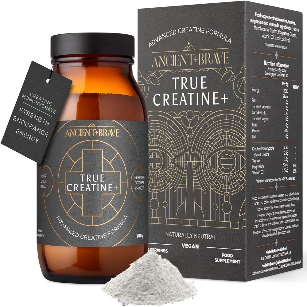 Ancient + Brave True Creatine+ - 180g - Premium Creatine Monohydrate Powder - 100% Micronised - High Performance, Strength Building - Muscle Recovery, Cognitive Function & Wellness