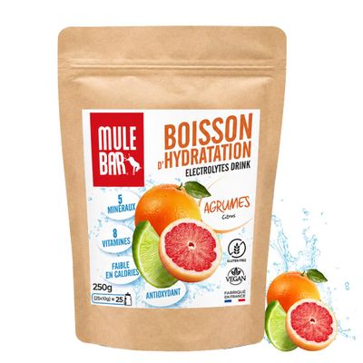 MULEBAR - Powdered Hydration Drink - Citrus - Antioxidant - 8 Vitamins - 5 Minerals - Electrolytes - Very Low Sugar Taste - Easy to Digest - Made in France - 250gr