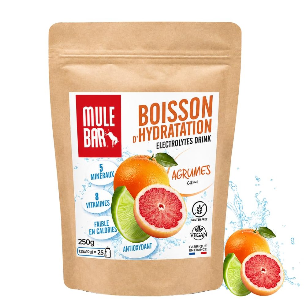 MULEBAR - Powdered Hydration Drink - Citrus - Antioxidant - 8 Vitamins - 5 Minerals - Electrolytes - Very Low Sugar Taste - Easy to Digest - Made in France - 250gr