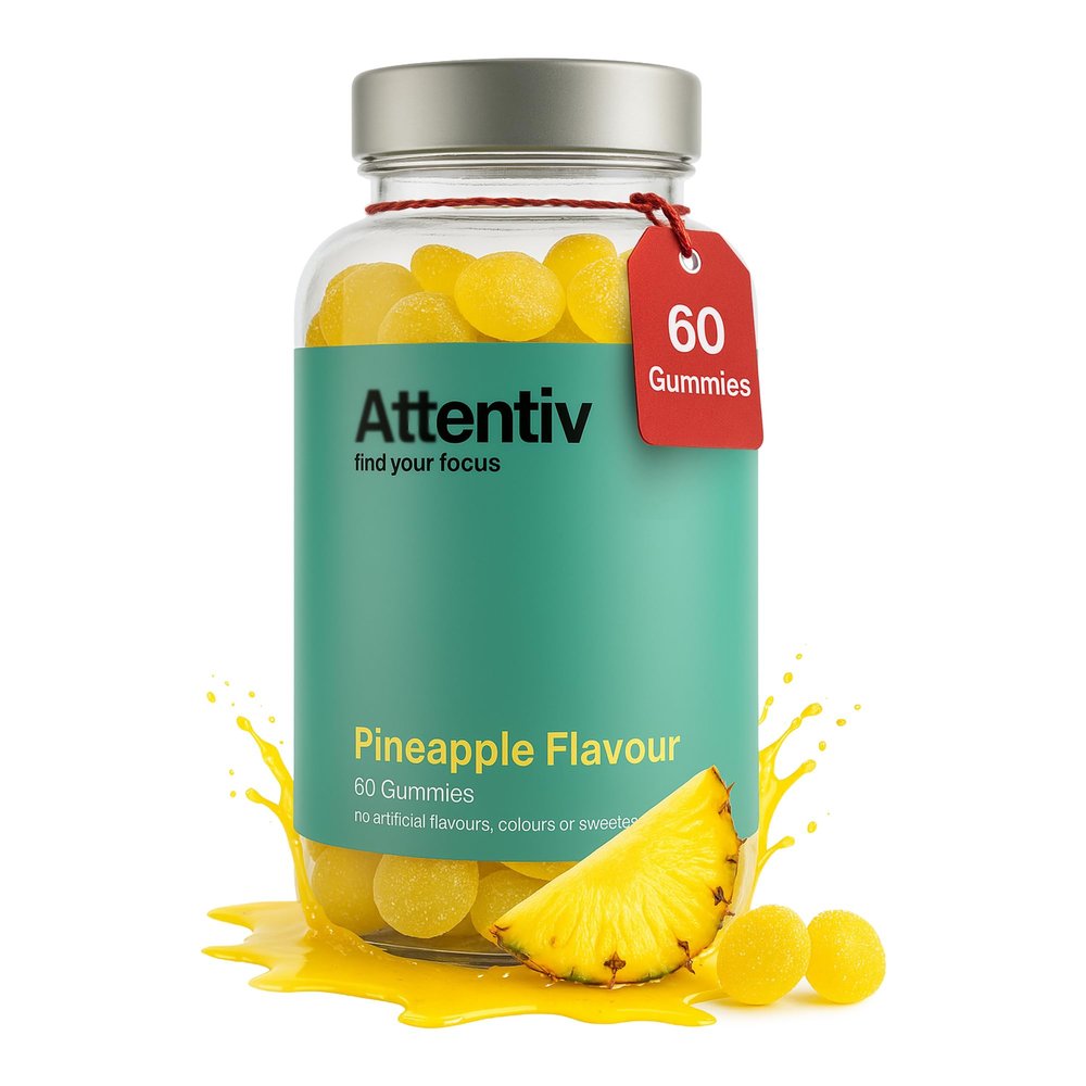 Attentiv Vitamin C Gummies for Focus  ADHD Supplement for Kids 3+ | Supports Focus, Brain Function & Gut Health with Probiotics | Vegan Pineapple Flavor, Calm Gummies (60 Count)