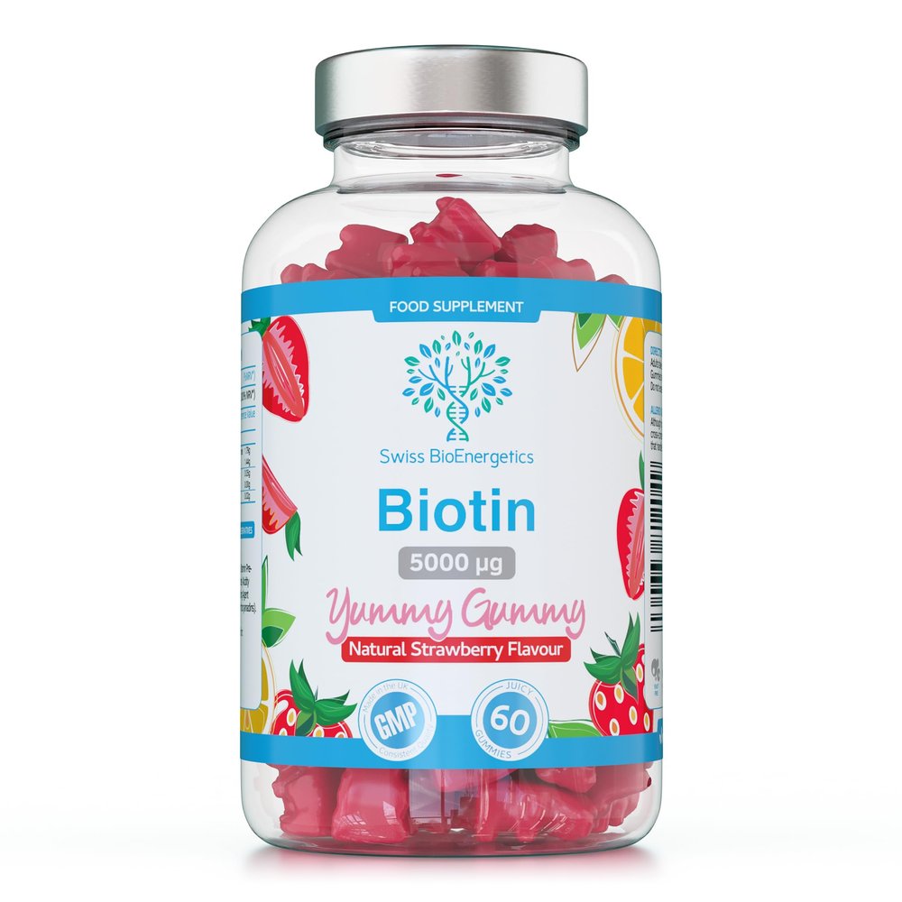 Biotin Gummies 10,000mcg  60 Vegan Vitamins - Natural Strawberry Flavoured Two Yummy Gummy Daily Dose - Supports Normal Skin & Hair Growth - Chewable - No Artificial Sweeteners  UK Made
