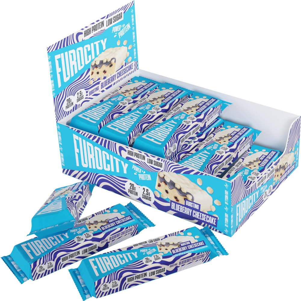 Furocity Protein Bars, Blueberry Cheesecake Flavour, High Protein, 20g Protein per Serving, Low Calorie, Low in Sugar, Ideal Pre and Post-Workout Snack, 15 x 60g Bars