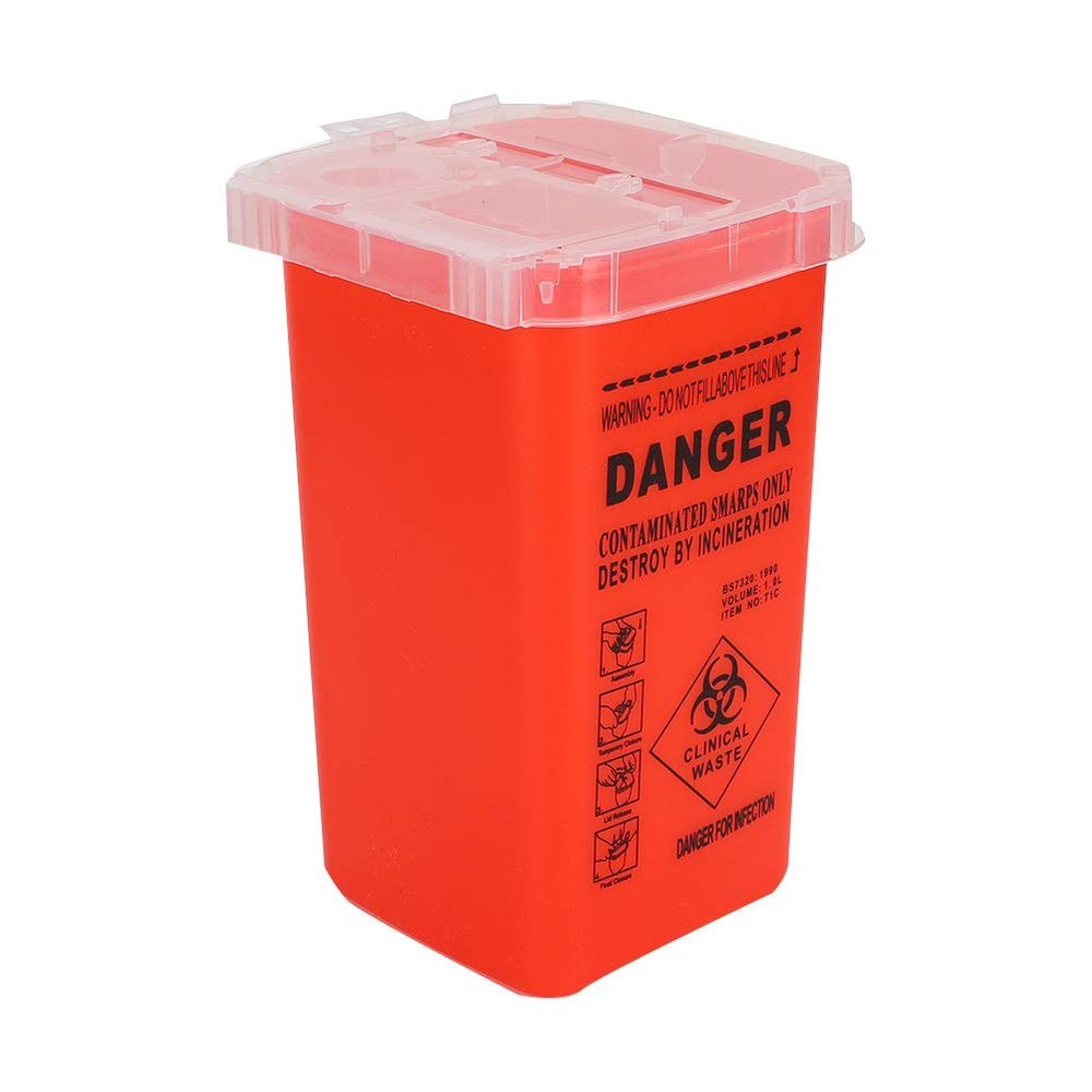 Sharp Container, Sharps Bin 1L Tattoo Plastic Sharp Container Tattoo Medical Disposal Biohazard Needle Waste Box Safe Lock Container Tattoo Supplies (Red)