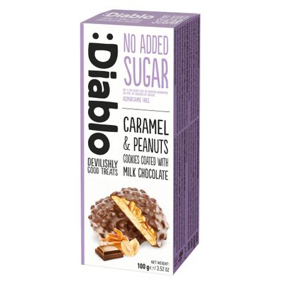Diablo No Added Sugar Sweets, Caramel & Peanuts Cookies Coated with Milk Chocolate  No Sugar Biscuits, Guilt-Free Snacks for Adults & Families, Sweet Treats Sweetened with Maltitol, 100g (Pack of 1)