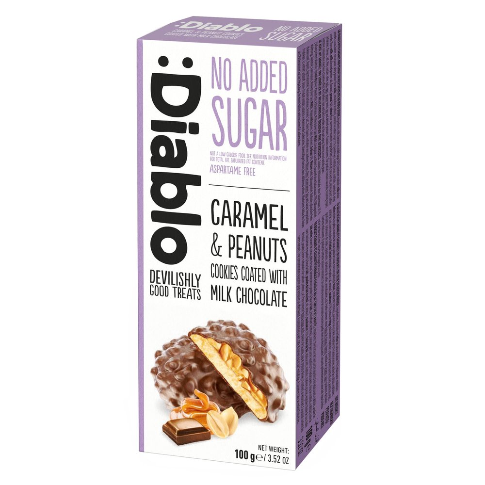 Diablo No Added Sugar Sweets, Caramel & Peanuts Cookies Coated with Milk Chocolate No Sugar Biscuits, Guilt-Free Snacks for Adults & Families, Sweet Treats Sweetened with Maltitol, 100g (Pack of 1)