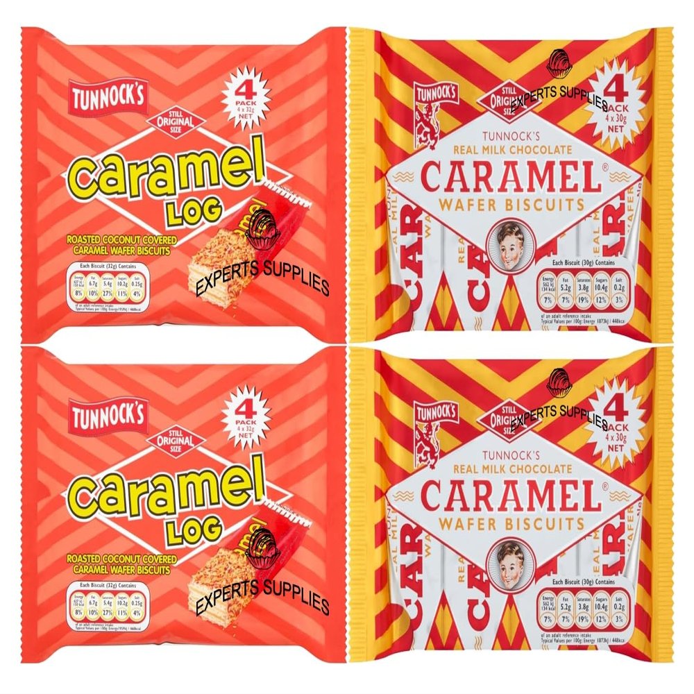Caramel Wafer Bundle With Tunnocks Caramel Log Wafer Biscuits 4x32g & Milk Chocolate Caramel Wafer Biscuits 4x30g Pack Of 4 By Experts Supplies