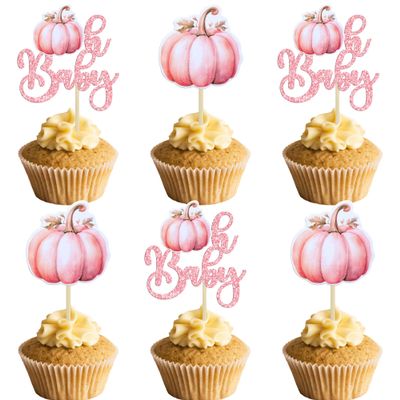 Ephlyn 24Pcs Oh Baby Pumpkin Cupcake Toppers Girl Baby Shower Decorations Pumpkin Birthday Decorations Cupcake Picks Pumpkin Gender Reveal Cupcake Toppers Pink