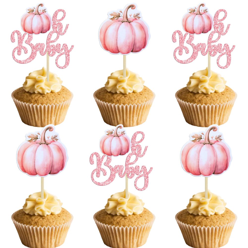 Ephlyn 24Pcs Oh Baby Pumpkin Cupcake Toppers Girl Baby Shower Decorations Pumpkin Birthday Decorations Cupcake Picks Pumpkin Gender Reveal Cupcake Toppers Pink