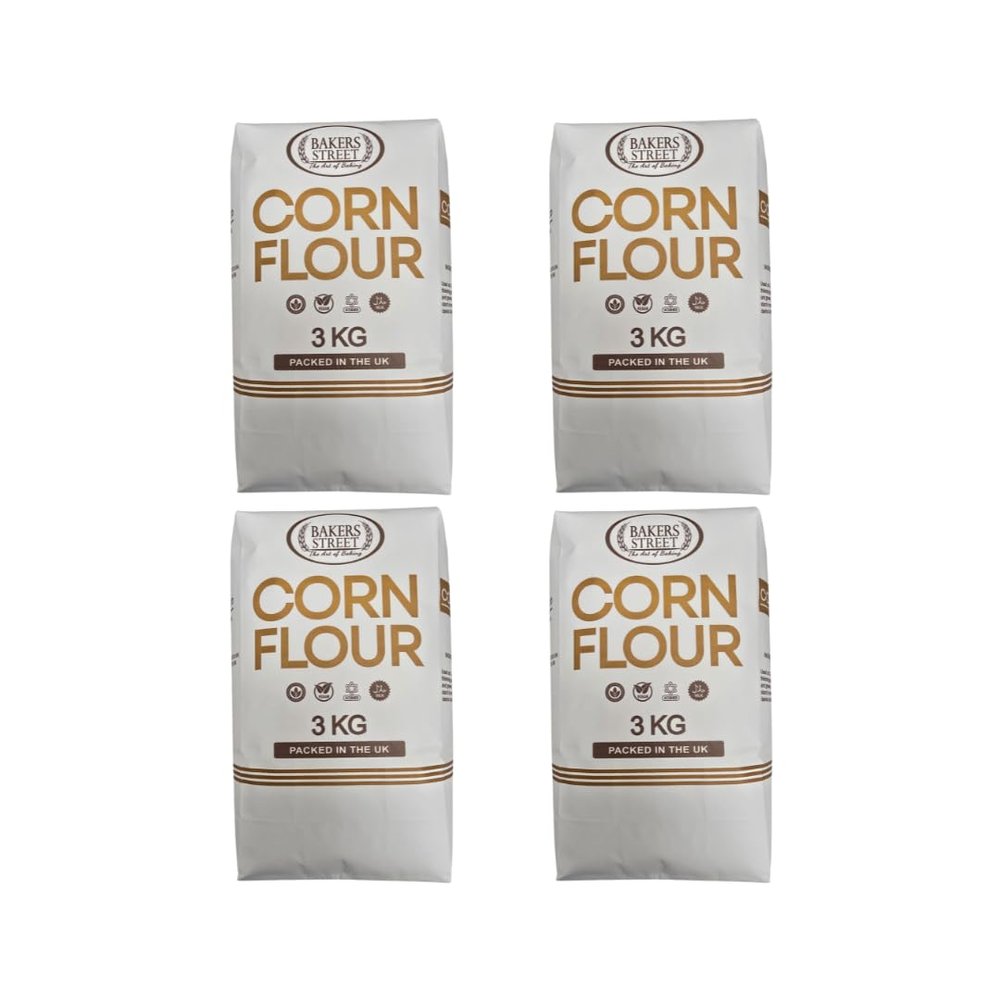 Cornflour 4x3kg (12kg) by Bakers Street - Pure Corn Starch Powder for Cooking, Baking, Frying,Gluten-Free Thickener for Soups, Sauces, Gravies, Puddings, Crispy Coating, Desserts