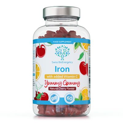 Iron Gummies with Added Vitamin C - 60 Natural Cherry Flavour Chewable Yummy Gummies - 2 Month Supply - efficient Absorption and gentler Digestion Formula - Made in The UK