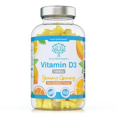 Vitamin D3 Gummies 25g 1000IU - 60 Natural Lemon Flavour Chewable Yummy Gummies - 2 Month Supply - Made in The UK
