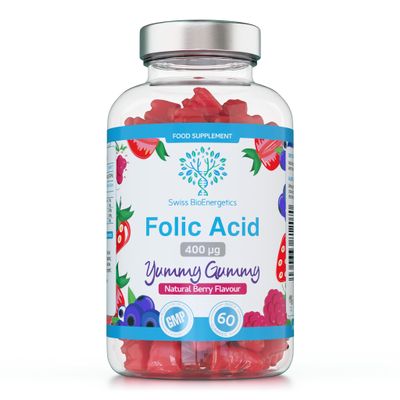 Folic Acid Gummies - 400g, 60 Natural Berry Flavoured & Vegan Gummies - High Strength Vitamin B9 Folic Acid Pregnancy Support Prenatal Vitamin - No Artificial Sweeteners or Flavours  UK Made