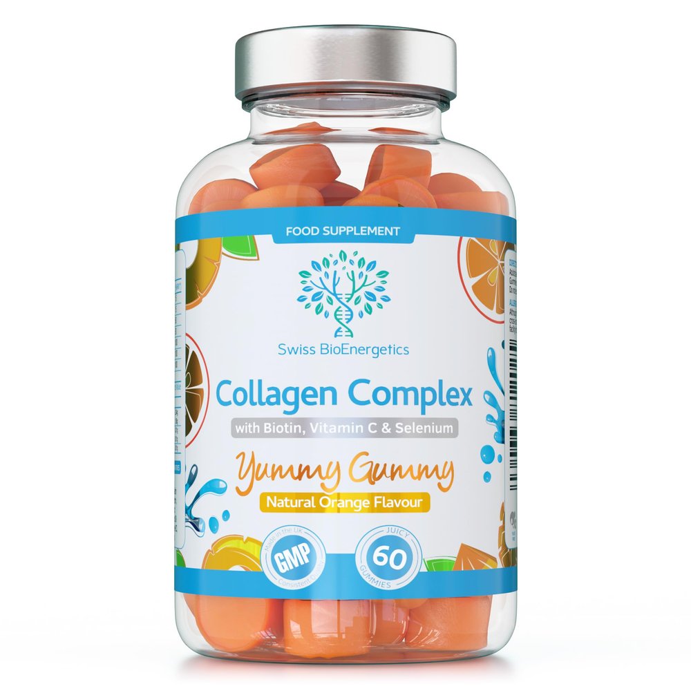 Collagen Complex - 60 Natural Orange Flavour Chewable Yummy Gummies - One a Day 500mg Bovine Collagen, Biotin, Vitamin C, Selenium, Vits B6 and B12  Healthy Skin and Hair for Men and Women  UK Made