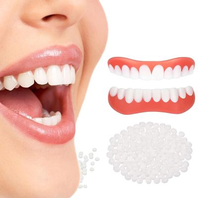 Giural 1 Pairs Instant Veneers Dentures, False Teeth Veneers Top and Bottom, Fake Teeth Set, Clip in Veneers Teeth, Cosmetic Teeth Veneers, Adjustable Snap on Dentures for Regain Confident Smile