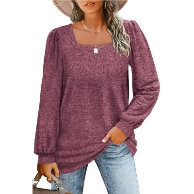 Women's winter new loose casual puff sleeve square collar long sleeve T-shirt - purple - S