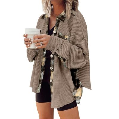 Women's Winter New Casual Knitted Jacket Loose Plaid Boyfriend Shirt - Dark Khaki - L
