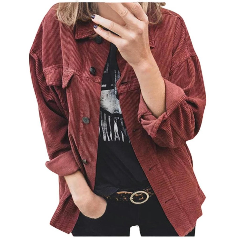 Corduroy Button Cardigan Long Sleeve Lapel Loose Thick Shirt Women's Clothing - Wine Red - S