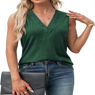 Women's V-neck vest fashion summer sleeveless shirt casual loose waist top shirt T-shirt - green - XL