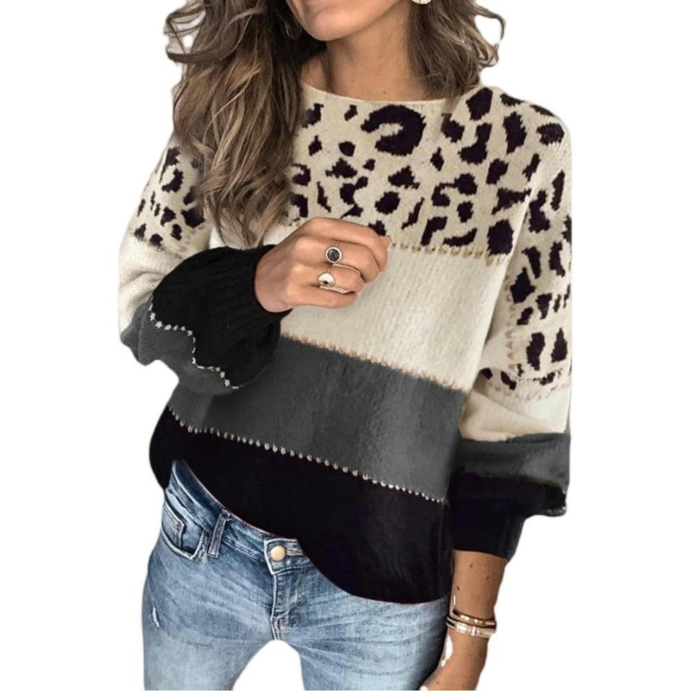 Winter Fashion contrast Sweater Women's Loose Round Neck Bottoming Sweater - Gray - L