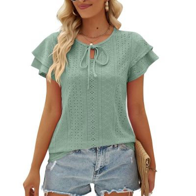 Summer New Women's T-shirt Hole Lace-up Double Sleeve Top - Green - M