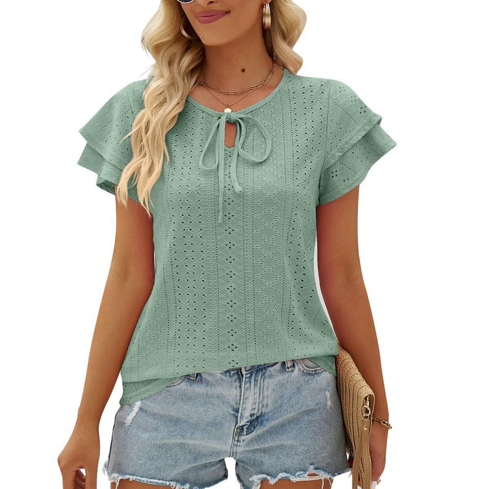 Summer New Women's T-shirt Hole Lace-up Double Sleeve Top - Green - M